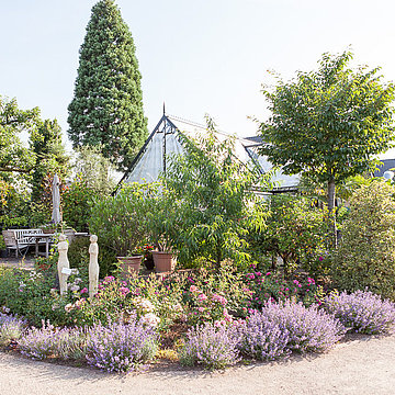Blumenbeet mit mehreren Statuen und ringsherum viele Bäume und ein Gebäude im Hintergrund 